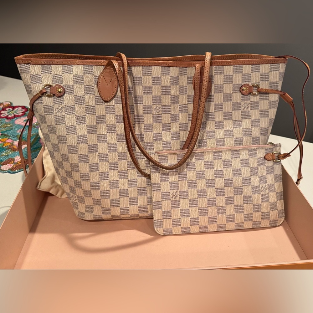 Louis Vuitton Neverfull MM Damier Azur Rose Ballerine Lining+Pouch Box/Dust Bag - Picture 5 of 11